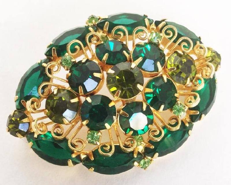 Front view of Green Navettes Brooch