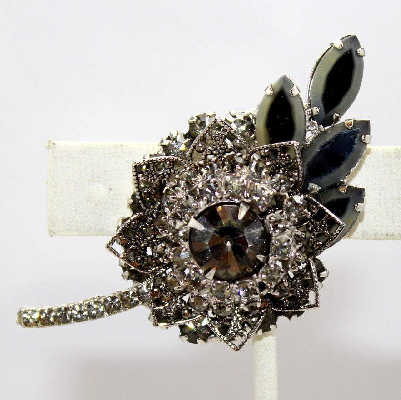 Front view of Black (jet) Navettes Brooch