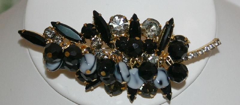 Front view of Black (jet) Navettes Brooch