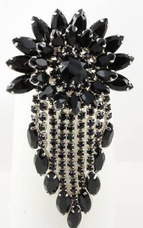 Front view of Black (jet) Navettes Brooch
