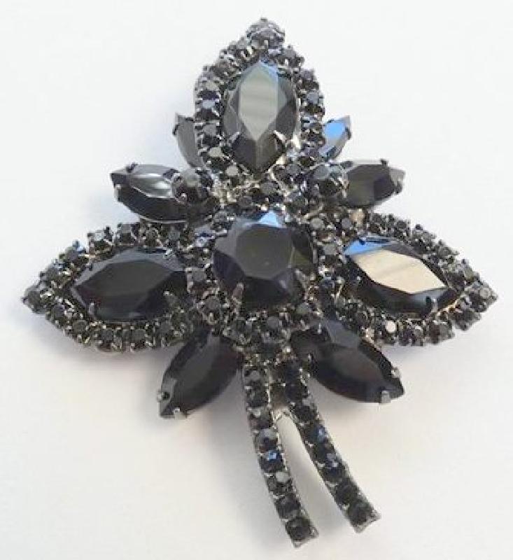 Front view of Black (jet) Navettes Brooch