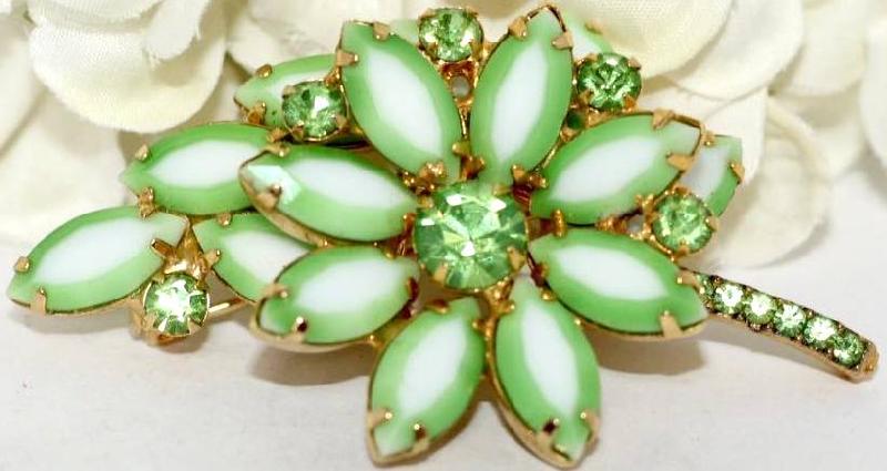Front view of Green Navettes Multi-Color/Shaded Brooch