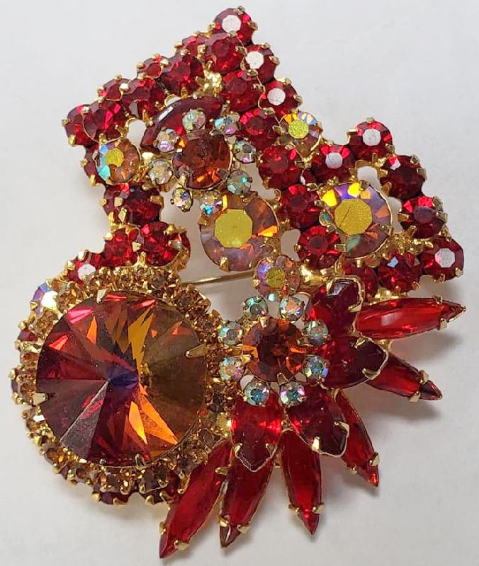 Front view of Red Navettes Rivoli/Margarita Brooch