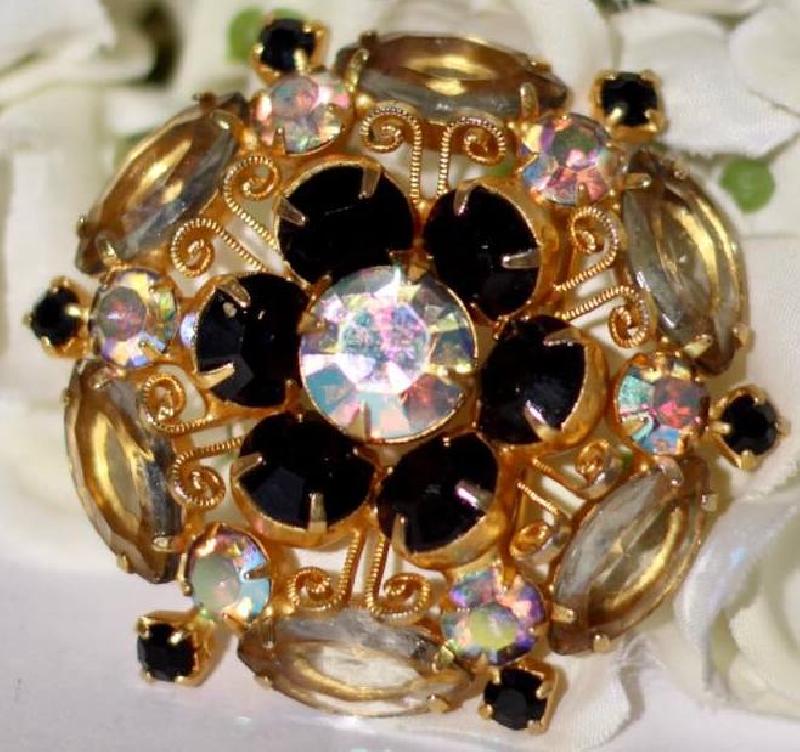 Front view of Black (jet) Navettes Brooch