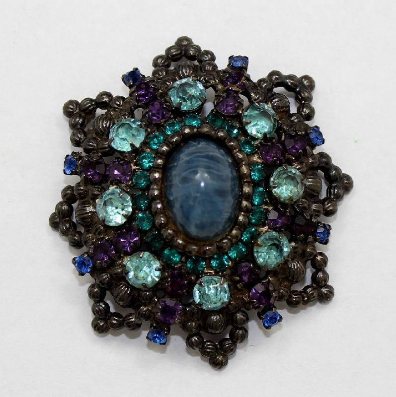 Front view of Blue Cabochons Striped Brooch