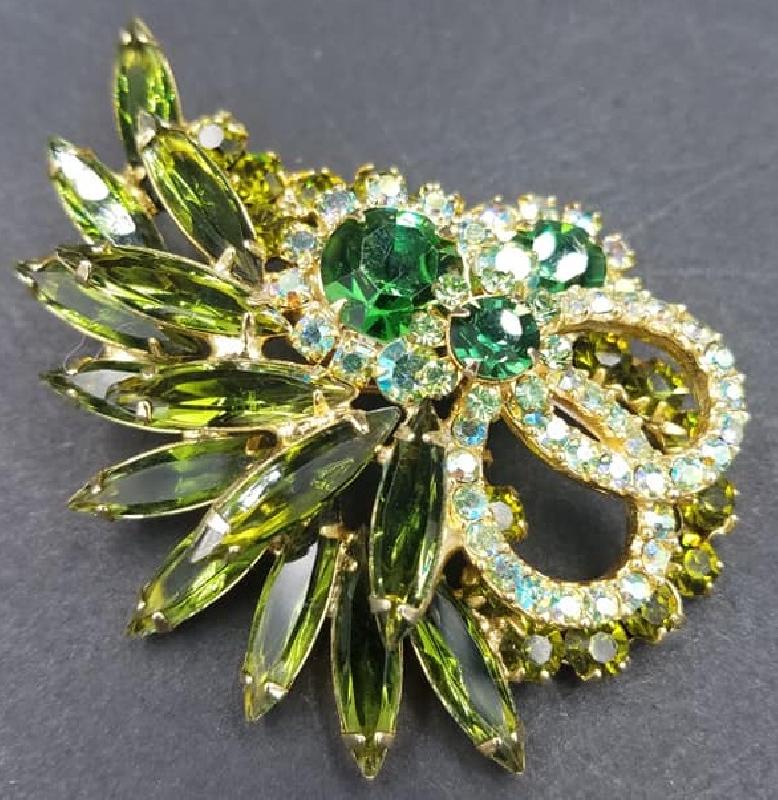 Front view of Green Navettes Brooch