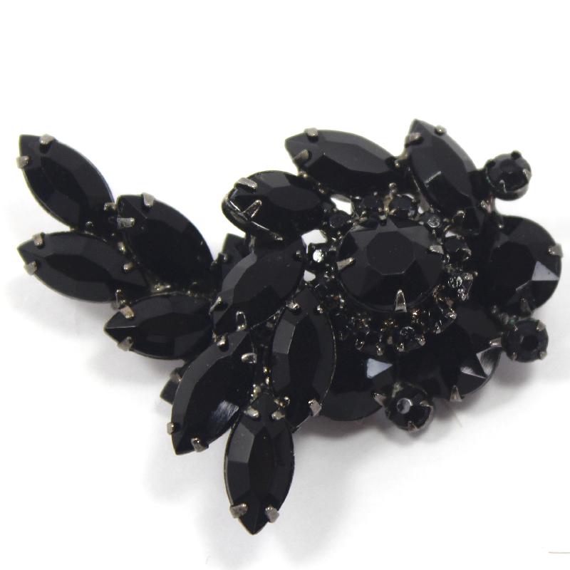 Front view of Black (jet) Navettes Brooch