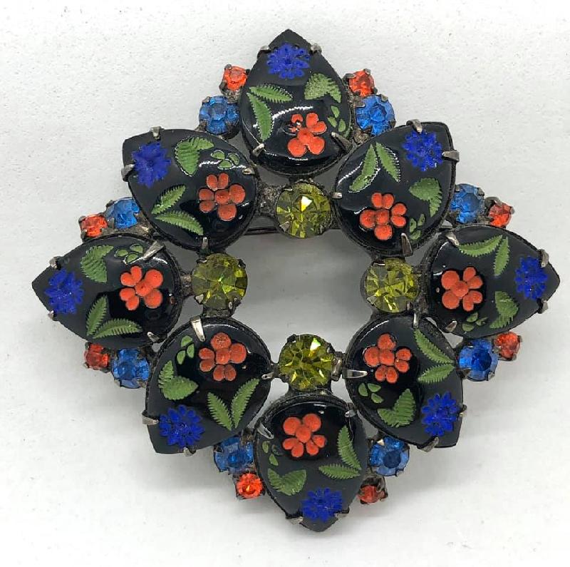 Front view of Black (jet) Cabochons Molded/Cut Brooch