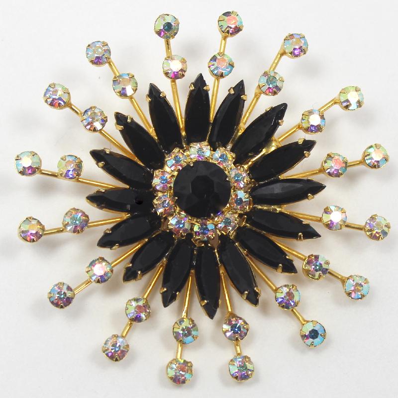 Front view of Black (jet) Navettes Brooch
