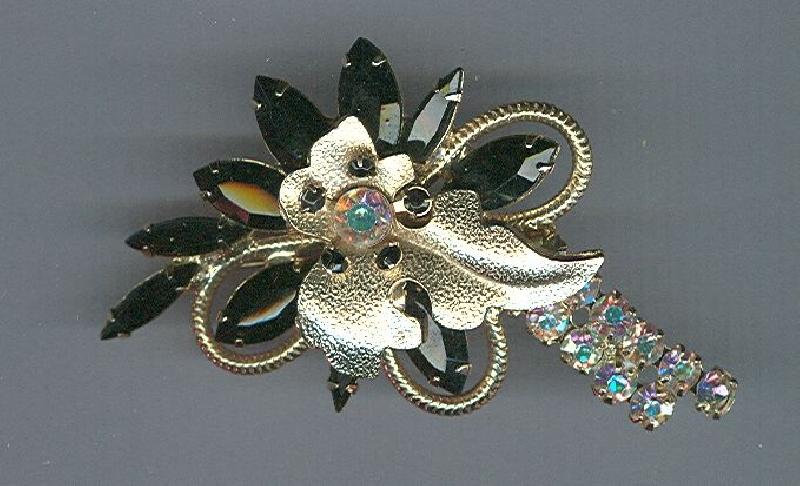 Front view of Black (jet) Navettes Brooch