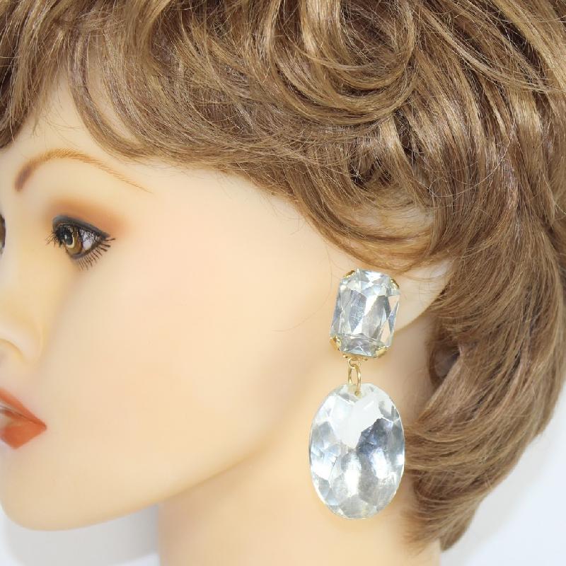 Front view of Clear Emerald Cut Plastic Earrings Clip