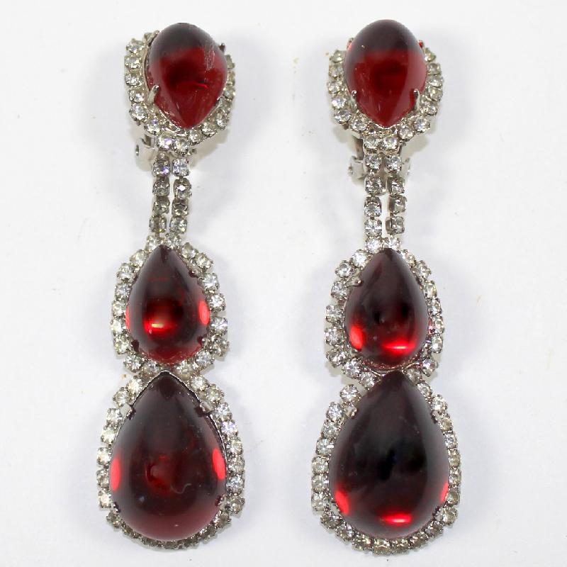 Front view of Red Cabochons Plastic Earrings Clip