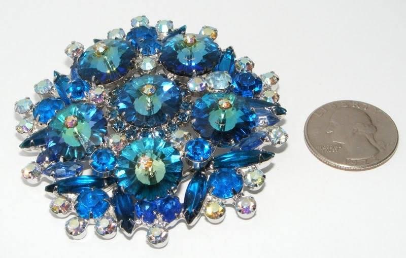 Front view of Blue Navettes Rivoli/Margarita Brooch