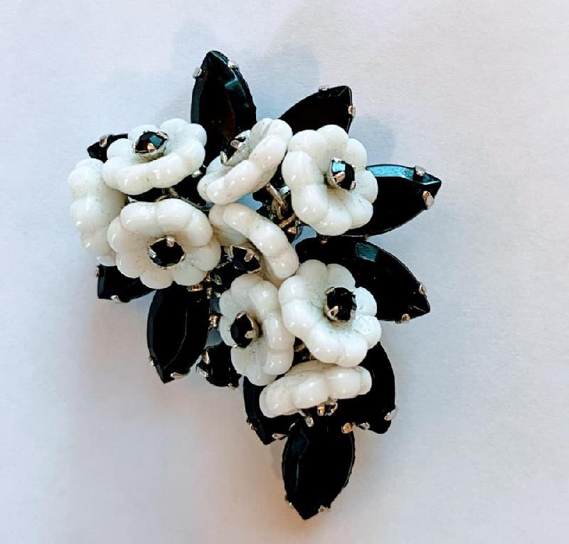 Front view of Black (jet) Navettes Molded/Cut Brooch