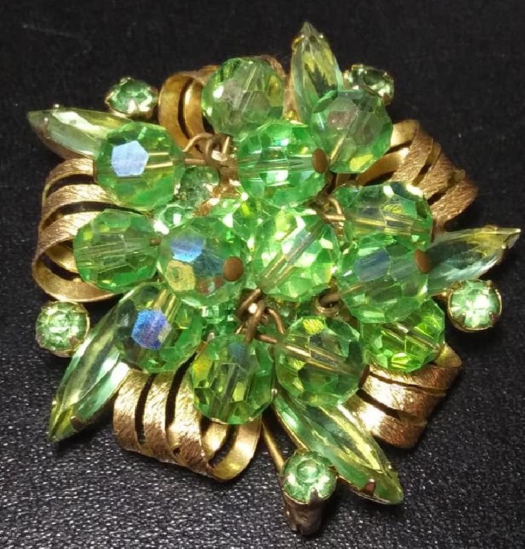 Front view of Green Navettes Brooch