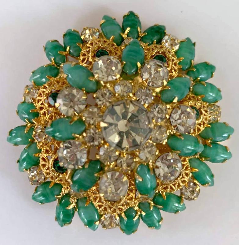 Front view of Green Cabochons Striped Brooch