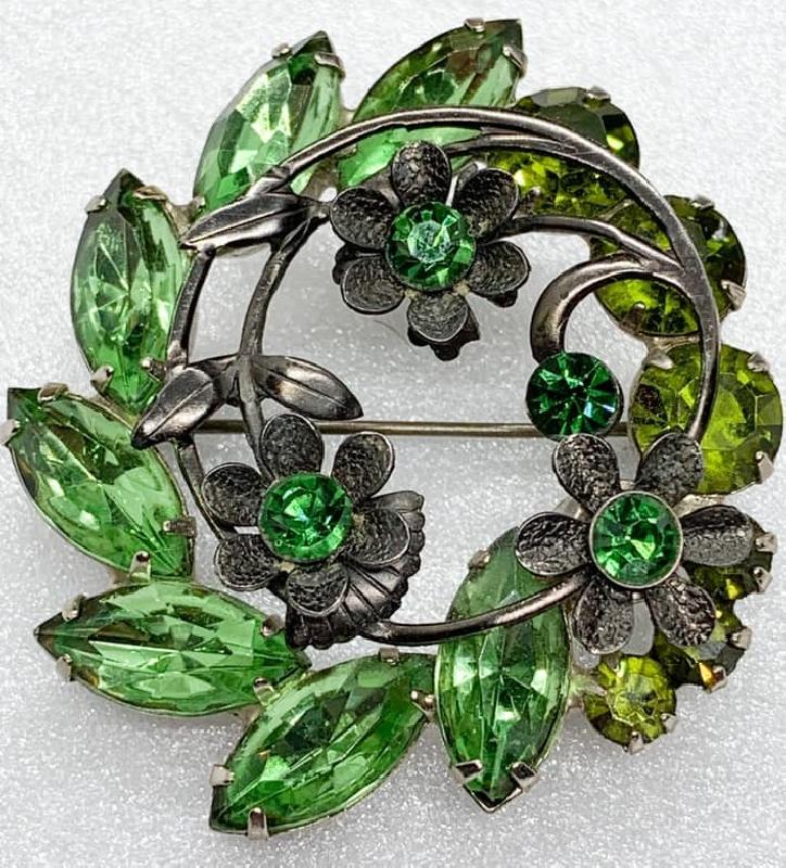 Front view of Green Navettes Brooch