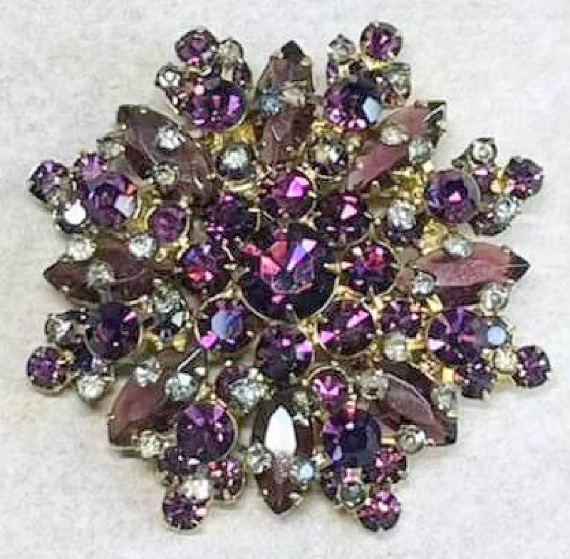Front view of Purple (cardinal) Navettes Brooch