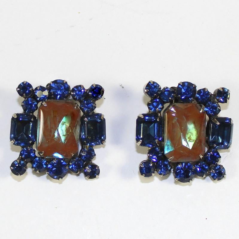 Front view of Blue Emerald Cut Multi-Color/Shaded Earrings Clip