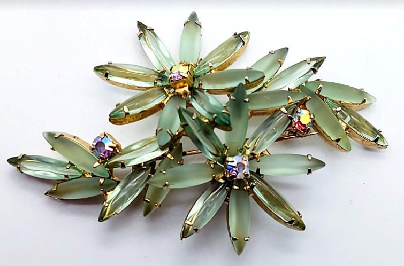 Front view of Green Navettes Frosted Brooch