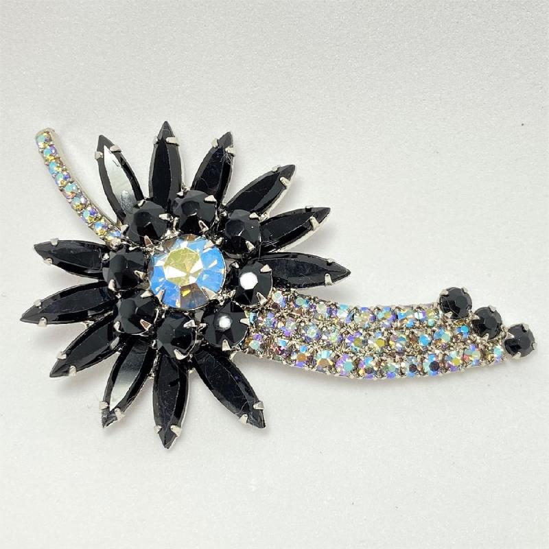 Front view of Black (jet) Navettes Brooch