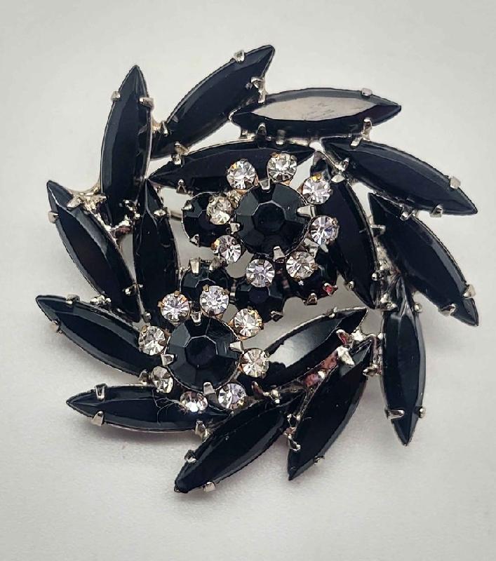 Front view of Black (jet) Navettes Brooch
