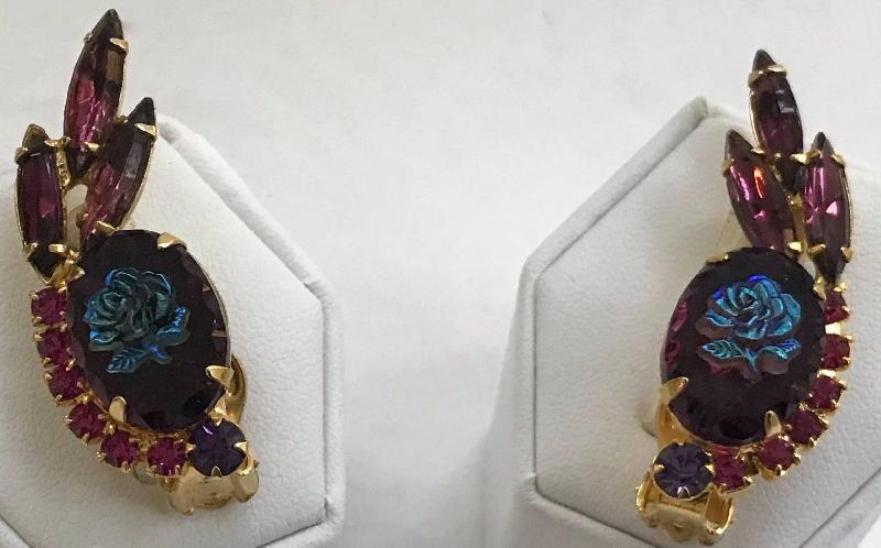 Front view of Purple (cardinal) Cabochons Molded/Cut Earrings Clip