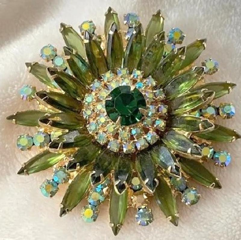 Front view of Green Navettes Brooch