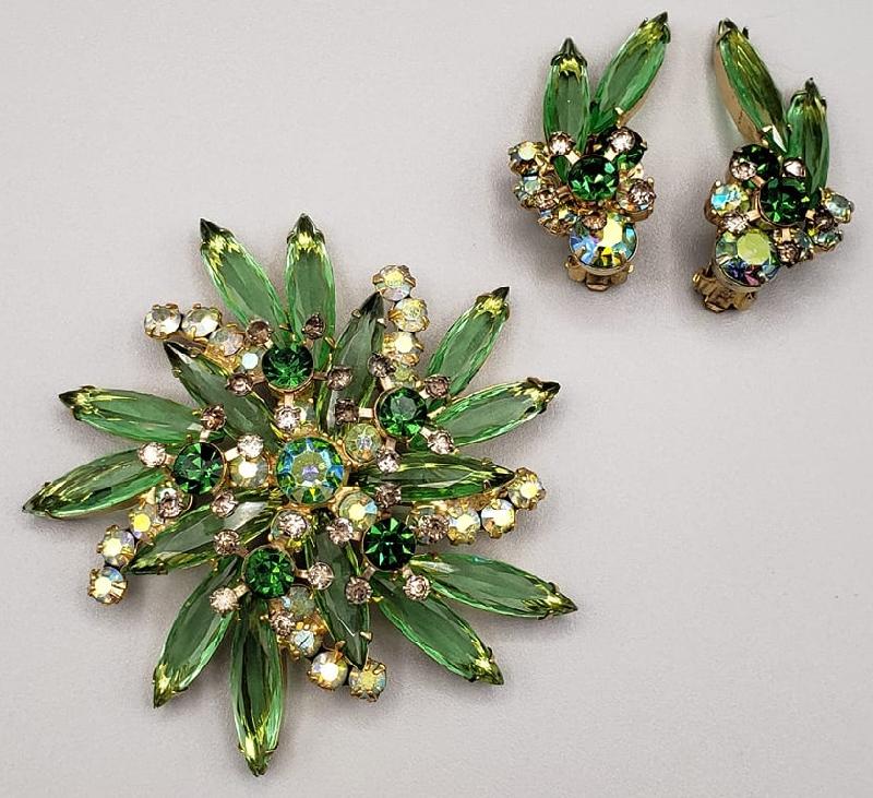 Front view of Green Navettes Brooch