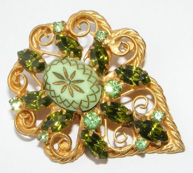 Front view of Green Cabochons Molded/Cut Brooch