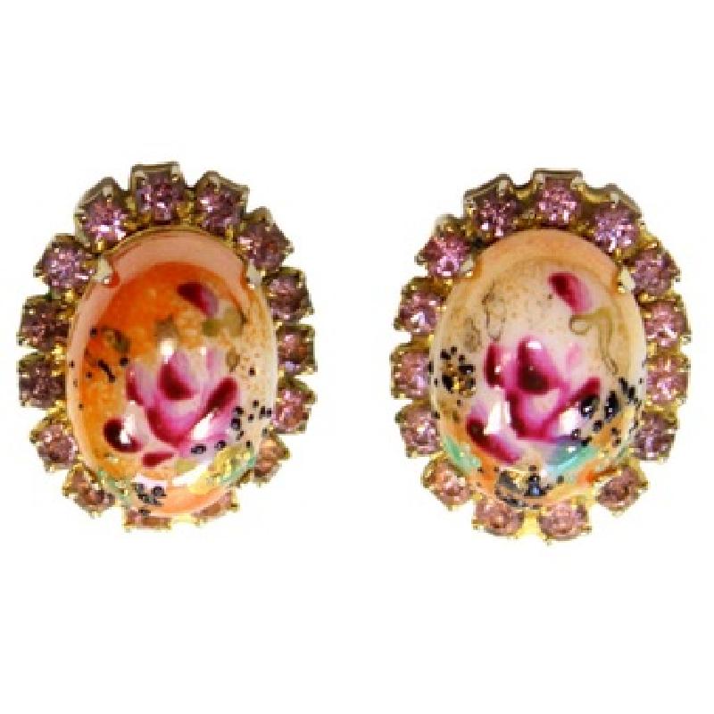 Front view of Pink Cabochons Painted (hand/Transfer) Earrings Clip