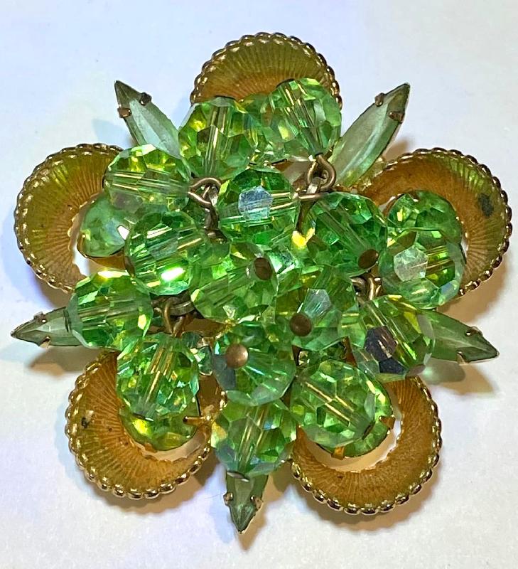 Front view of Green Navettes Brooch