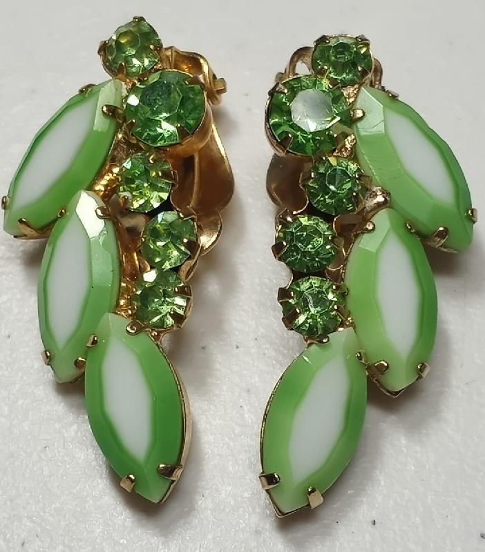 Front view of Green Navettes Painted (hand/Transfer) Earrings Clip