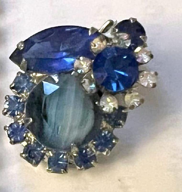 Front view of Blue Navettes Striped Earrings Clip