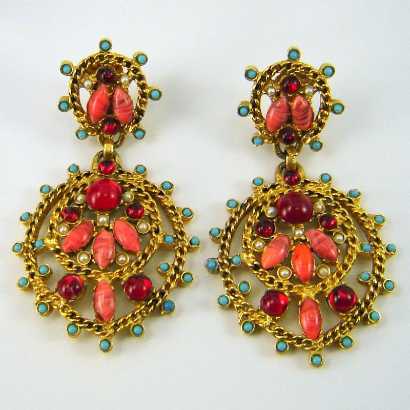 Front view of Red Cabochons Striped Earrings Clip