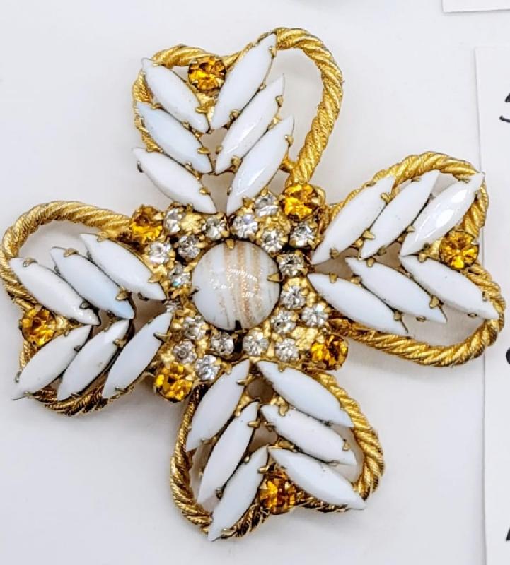 Front view of White (chalk Or Milk) Navettes Brooch