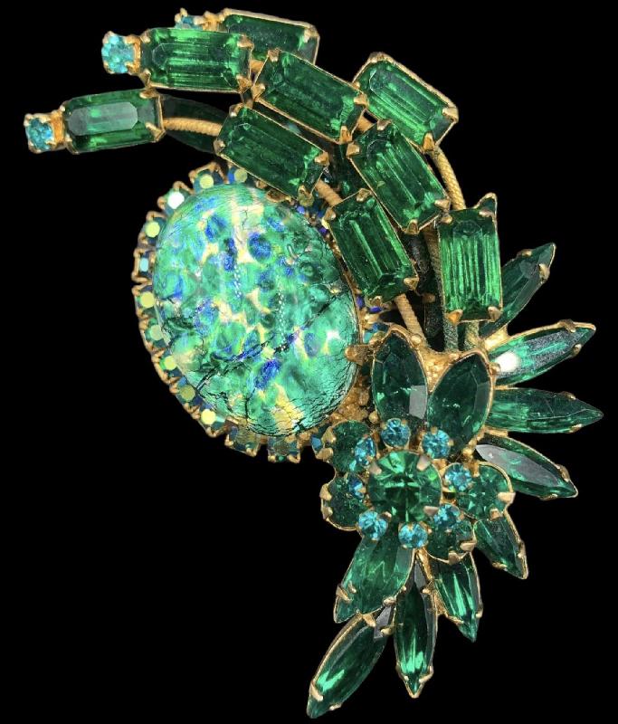 Front view of Green Baguettes Spotted Brooch