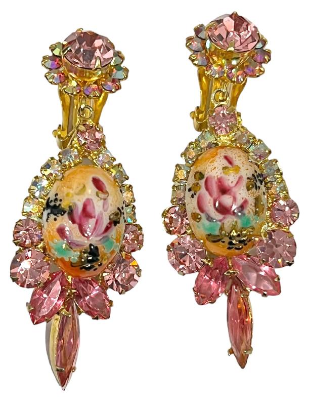 Front view of Pink Cabochons Painted (hand/Transfer) Earrings Clip