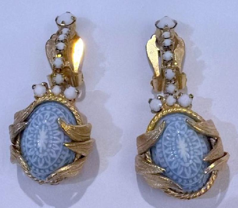 Front view of Blue Cabochons Painted (hand/Transfer) Earrings Clip