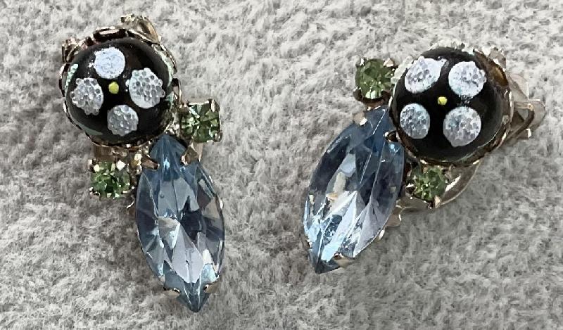 Front view of Blue Navettes Spotted Earrings Clip