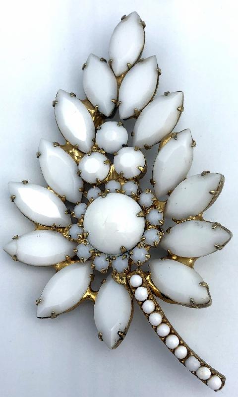 Front view of White (chalk Or Milk) Navettes Brooch