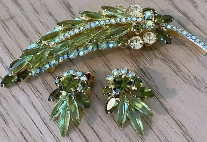 Front view of Green Navettes Brooch
