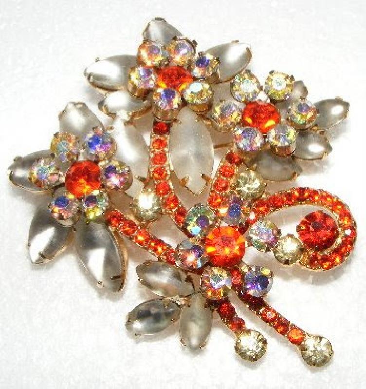 Front view of Orange Navettes Frosted Brooch