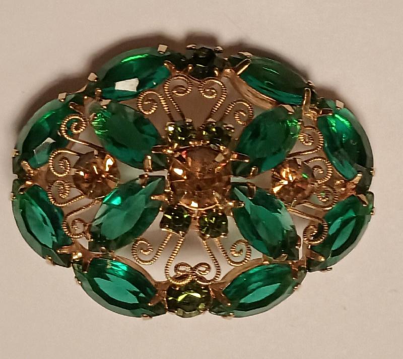 Front view of Green Navettes Brooch