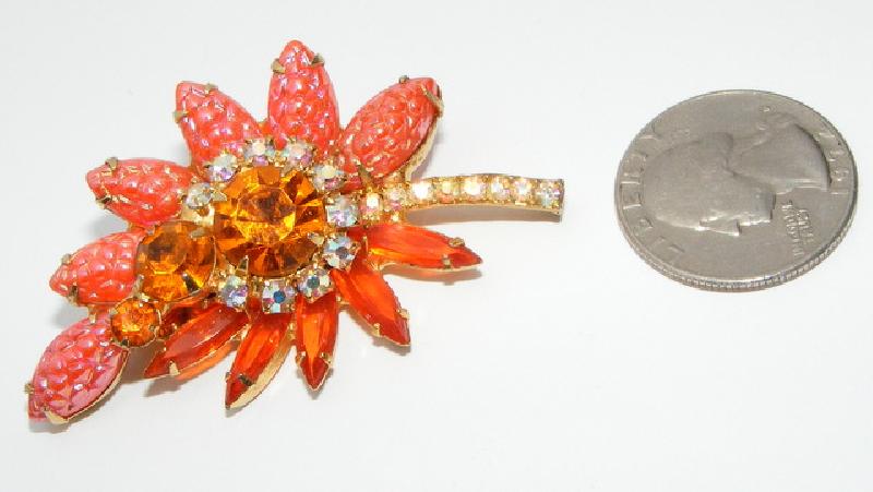 Front view of Orange Navettes Molded/Cut Brooch