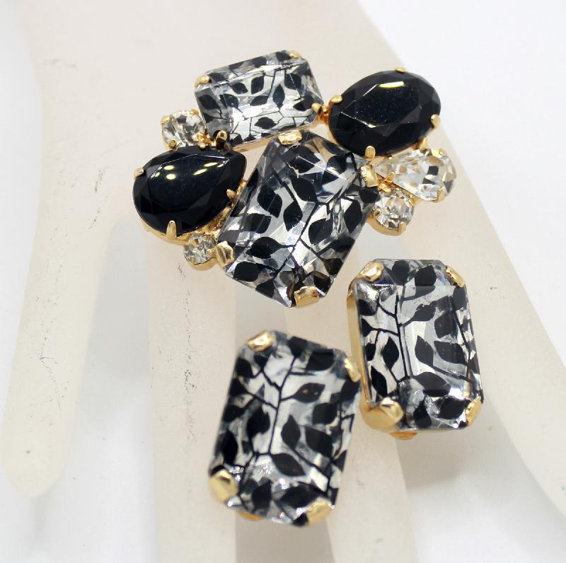 Front view of Black (jet) Emerald Cut Painted (hand/Transfer) Brooch