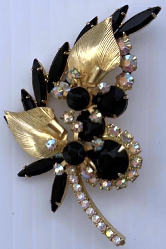 Front view of Black (jet) Navettes Brooch