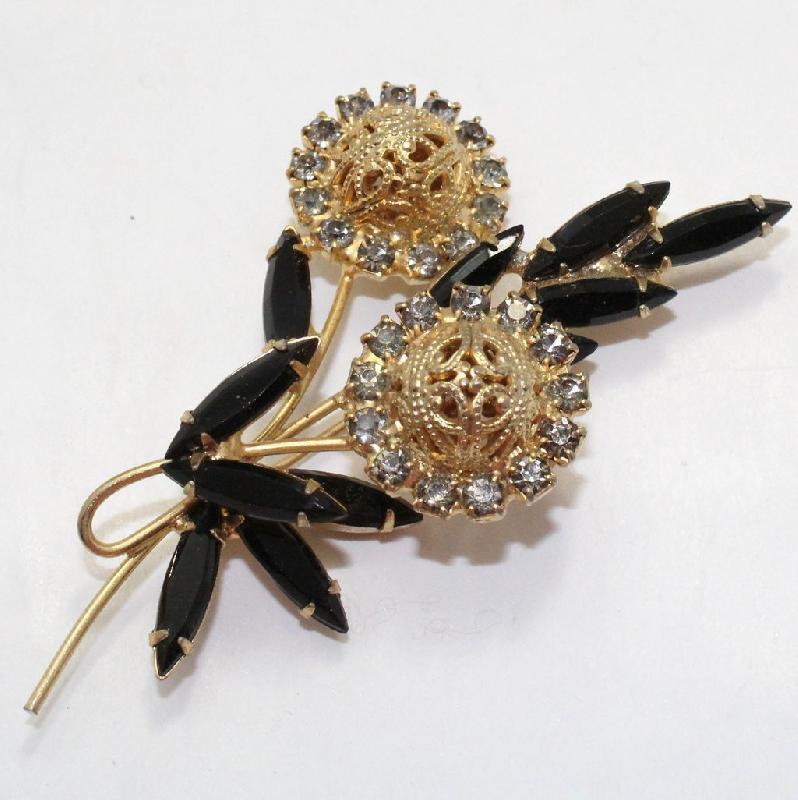 Front view of Black (jet) Navettes Brooch
