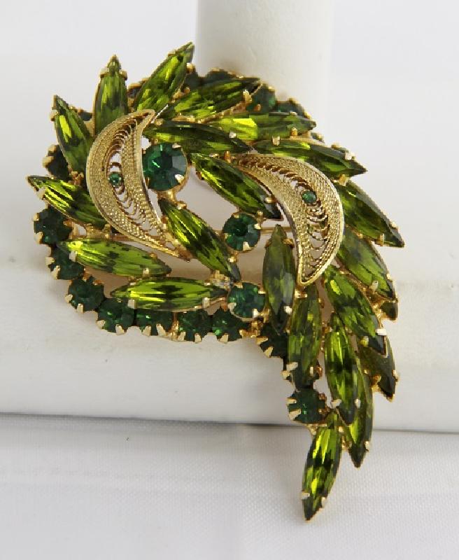 Front view of Green Navettes Brooch